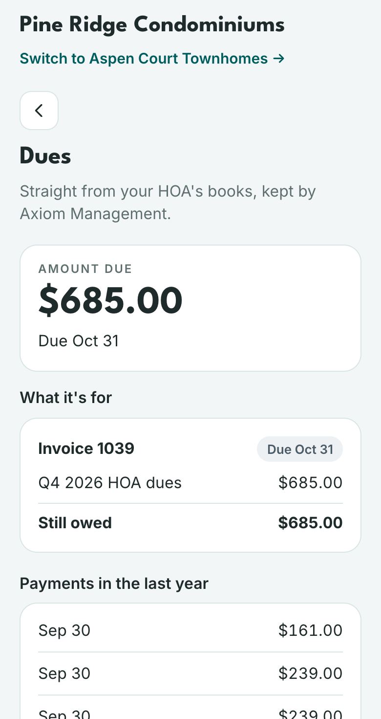 Example Axiom360 dues page showing $685.00 due October 31, the invoice behind it, and recent payments