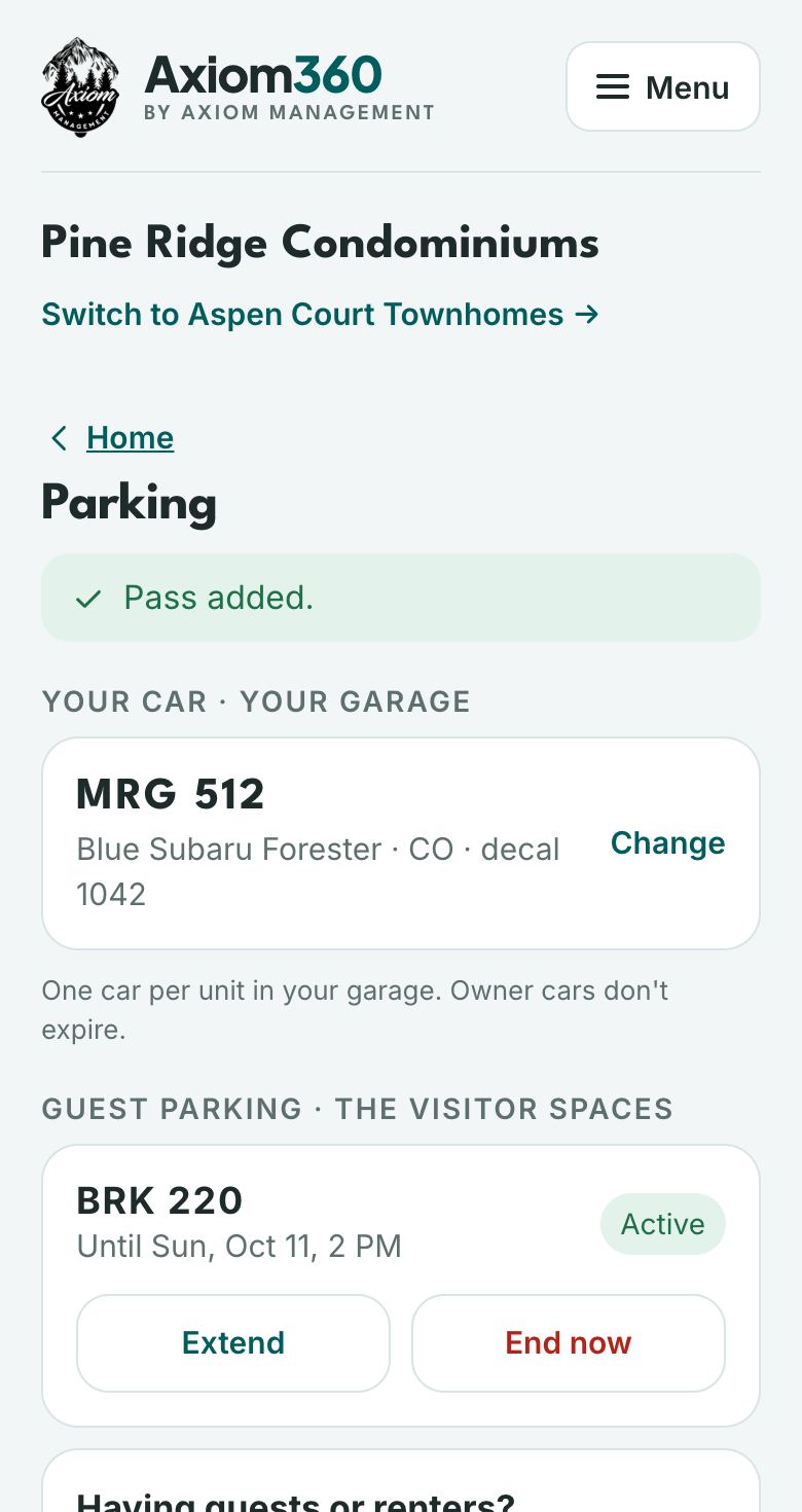 Example Axiom360 parking page showing the owner's registered car and an active guest pass with Extend and End now buttons