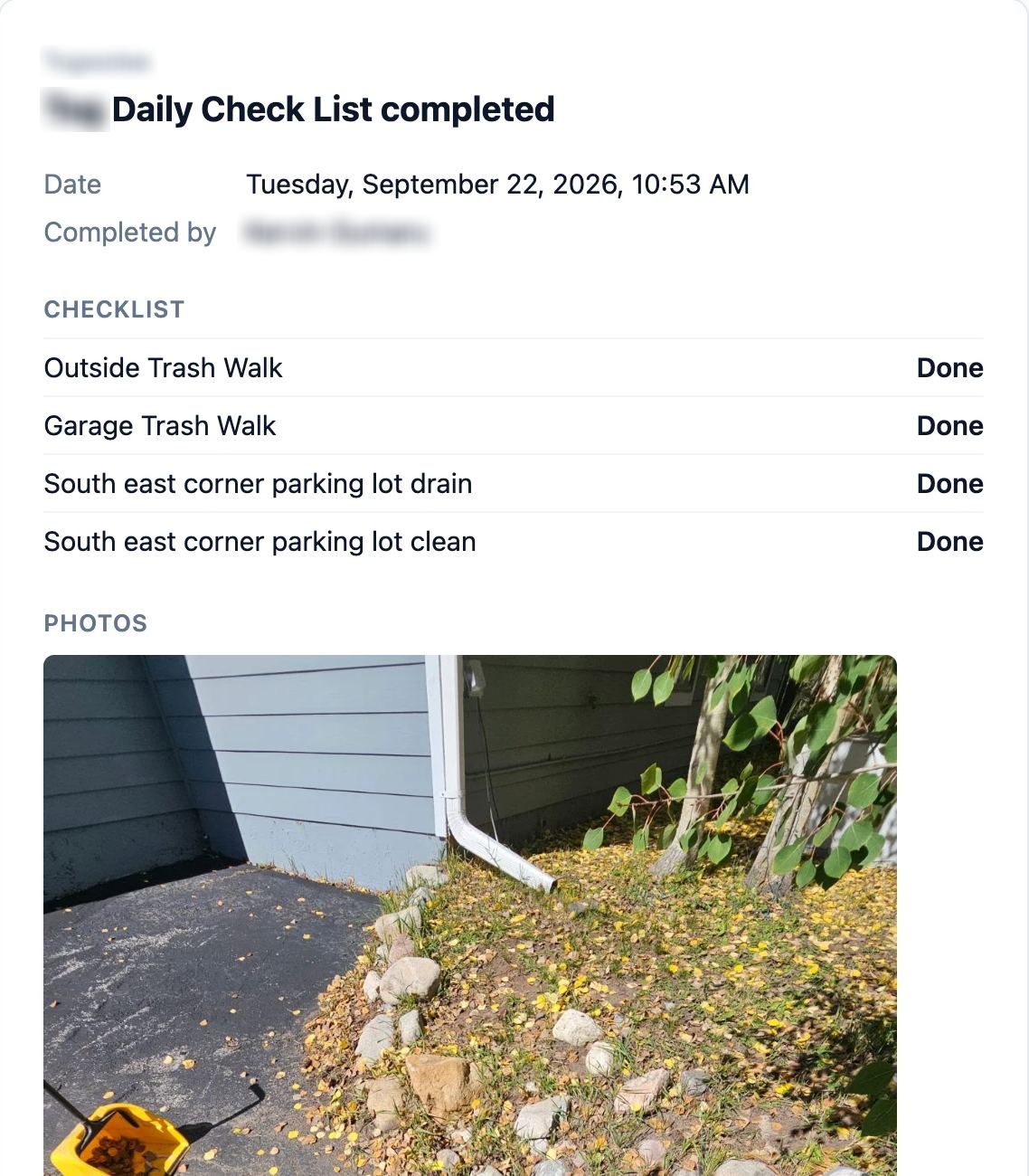 Example board email for a completed daily building check, listing each checklist item as done with a photo from the visit