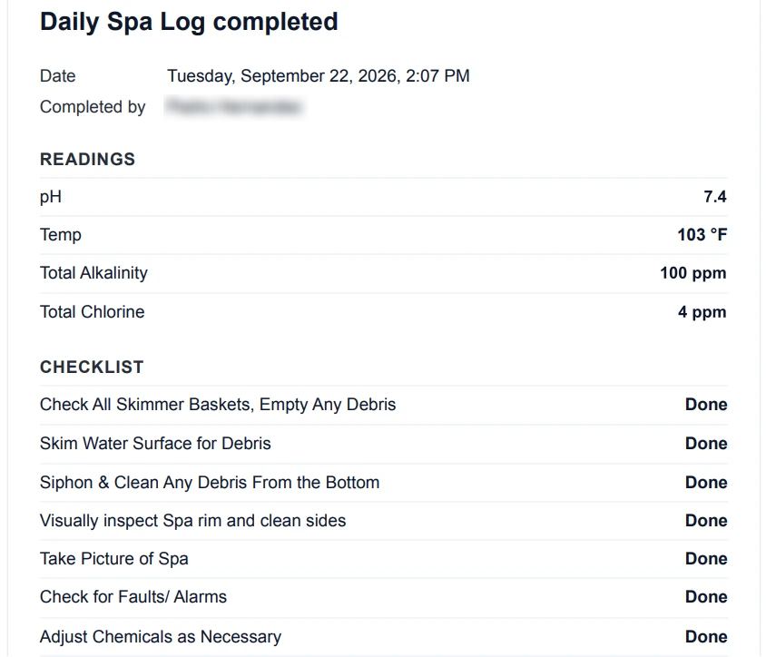 Example board email for a completed daily spa log, showing pH, temperature, alkalinity, and chlorine readings and the checklist