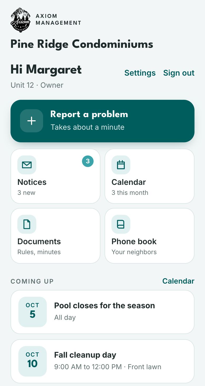 Example owner website home page with a Report a problem button, notices, calendar, documents, and upcoming events