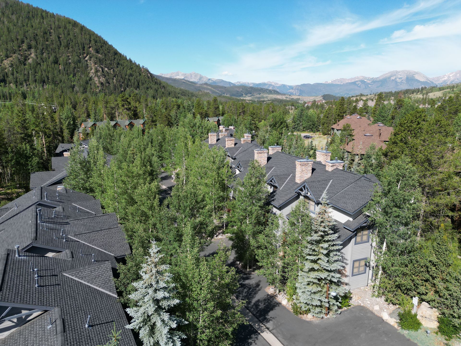Aerial view of a townhome community Axiom manages in Summit County