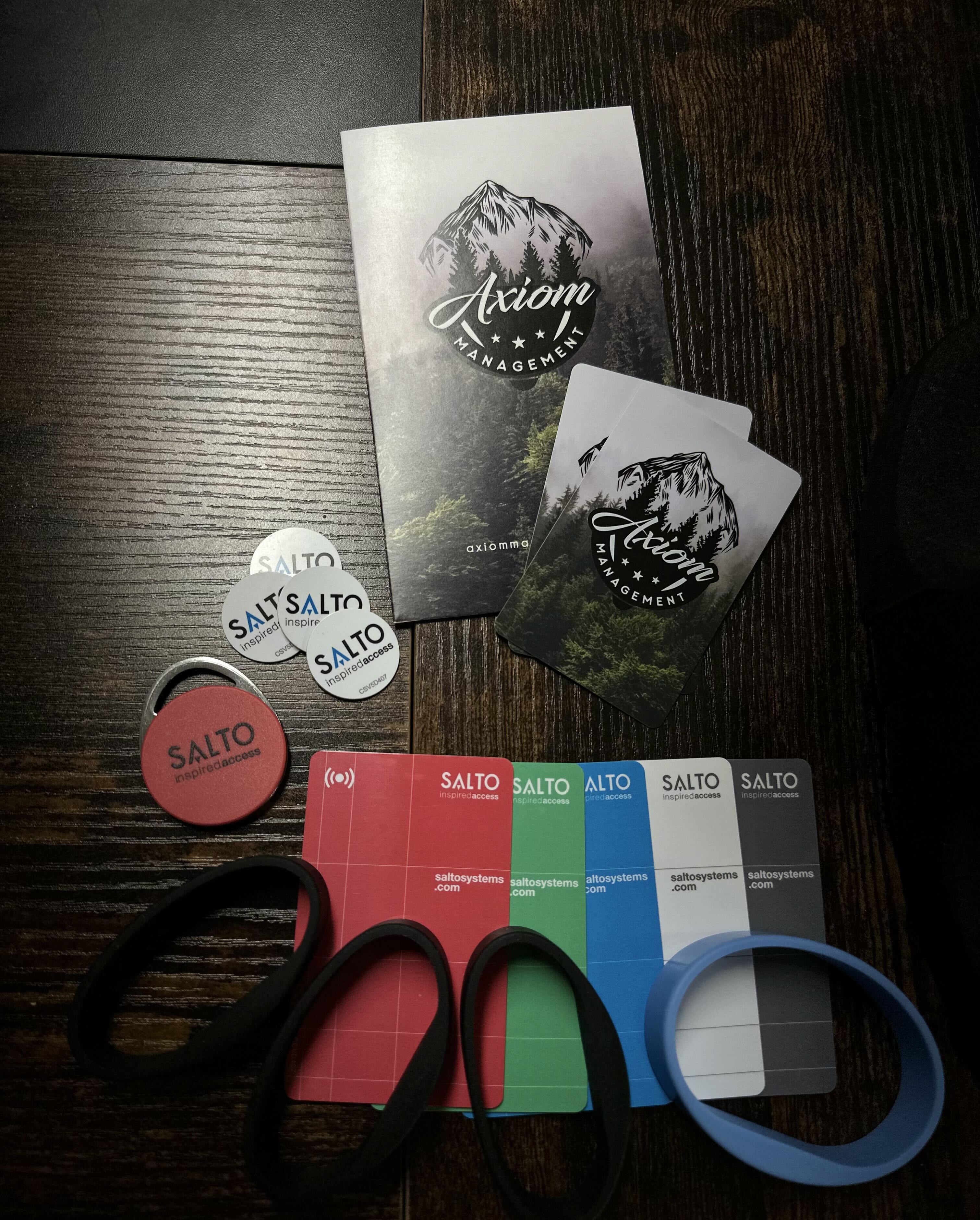 Axiom-branded SALTO key cards, fobs, and credentials for a Copper Mountain access control upgrade